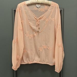Ariat Peach Embroidered Tie-Front Sheer Blouse; Sz L